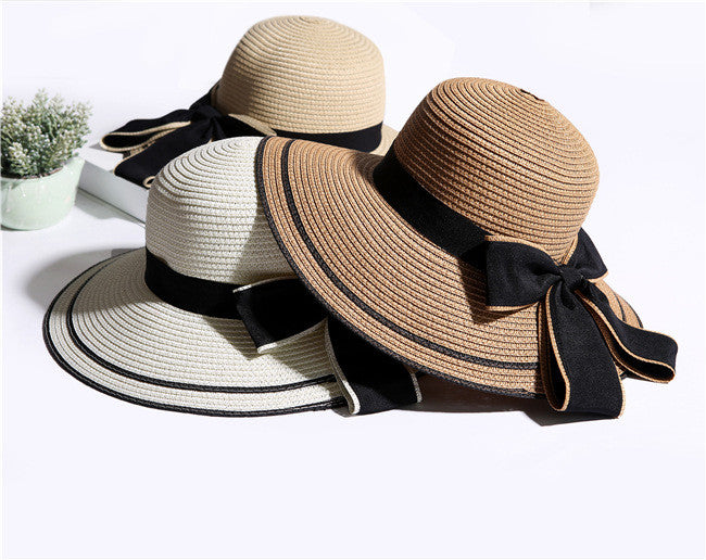 Sun Hat Big Black Bow Summer Hats For Women Foldable Straw Beach Panama Hat Visor Wide Brim Femme Female New
