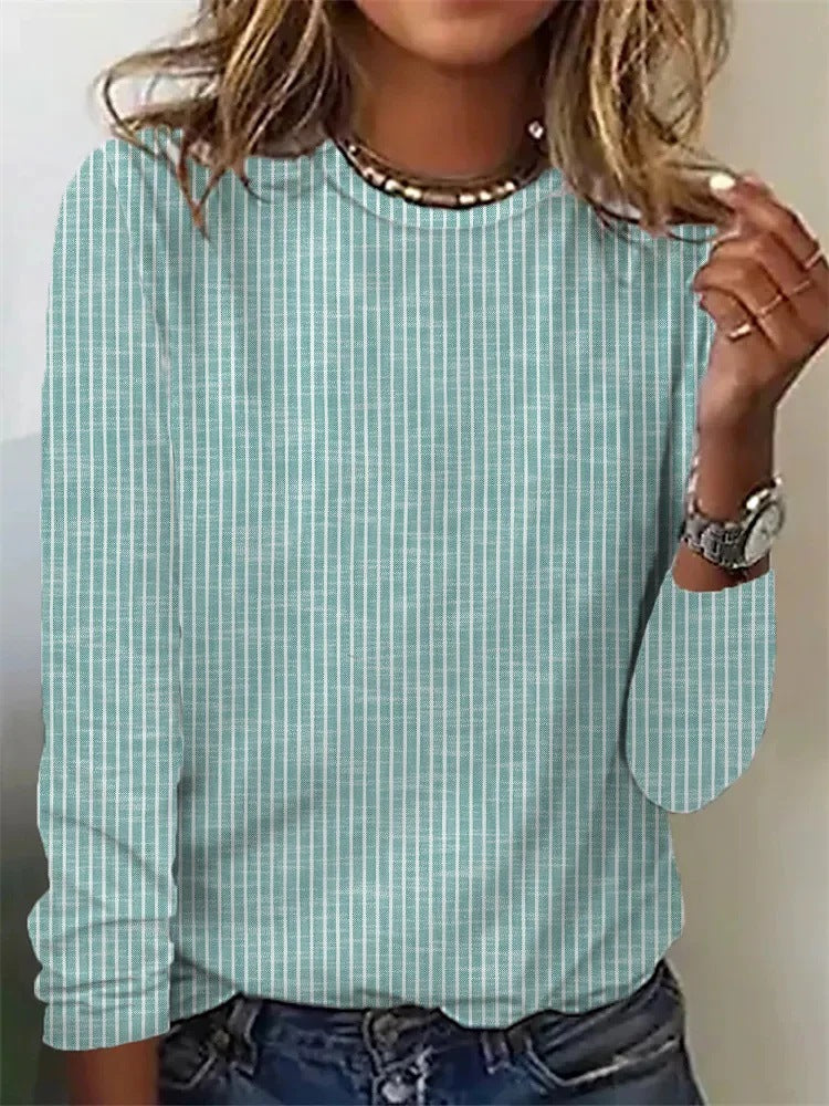 Loose Solid Color Striped Round Neck T-shirt For Women