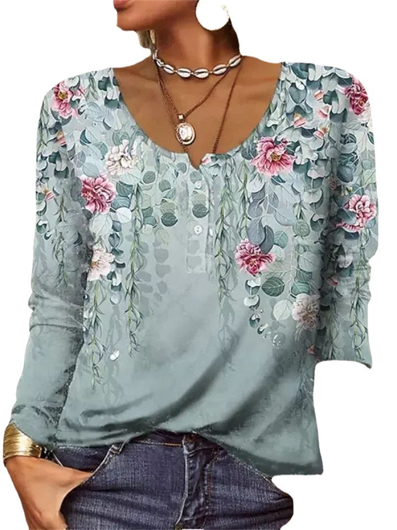 Women's Loose Long-sleeved Geometric Floral U-neck Button T-shirt