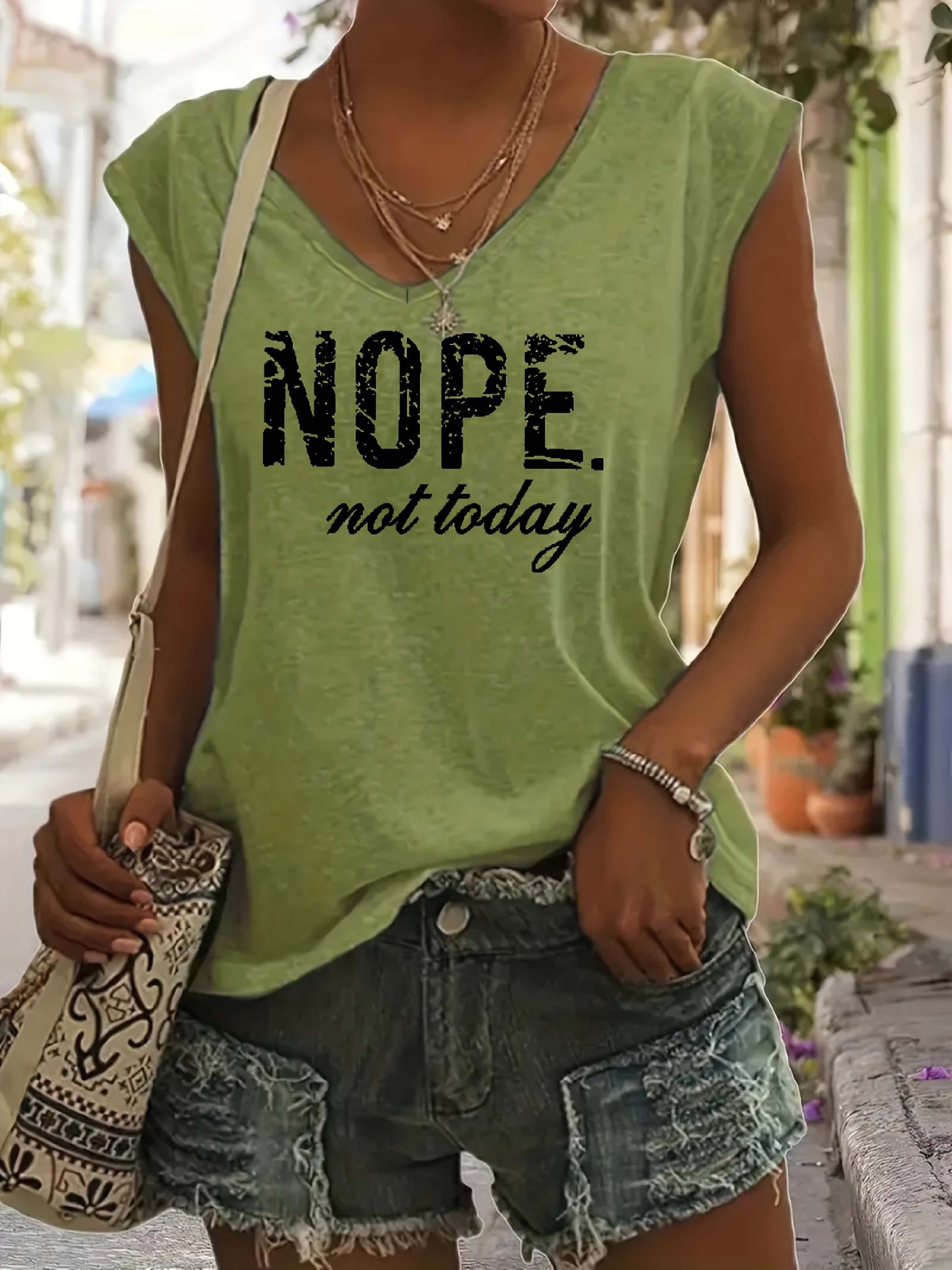 "Nope. Not Today" Letter Print T-shirts, V-neck Cap Sleeve Fashion Top, Women's Clothing