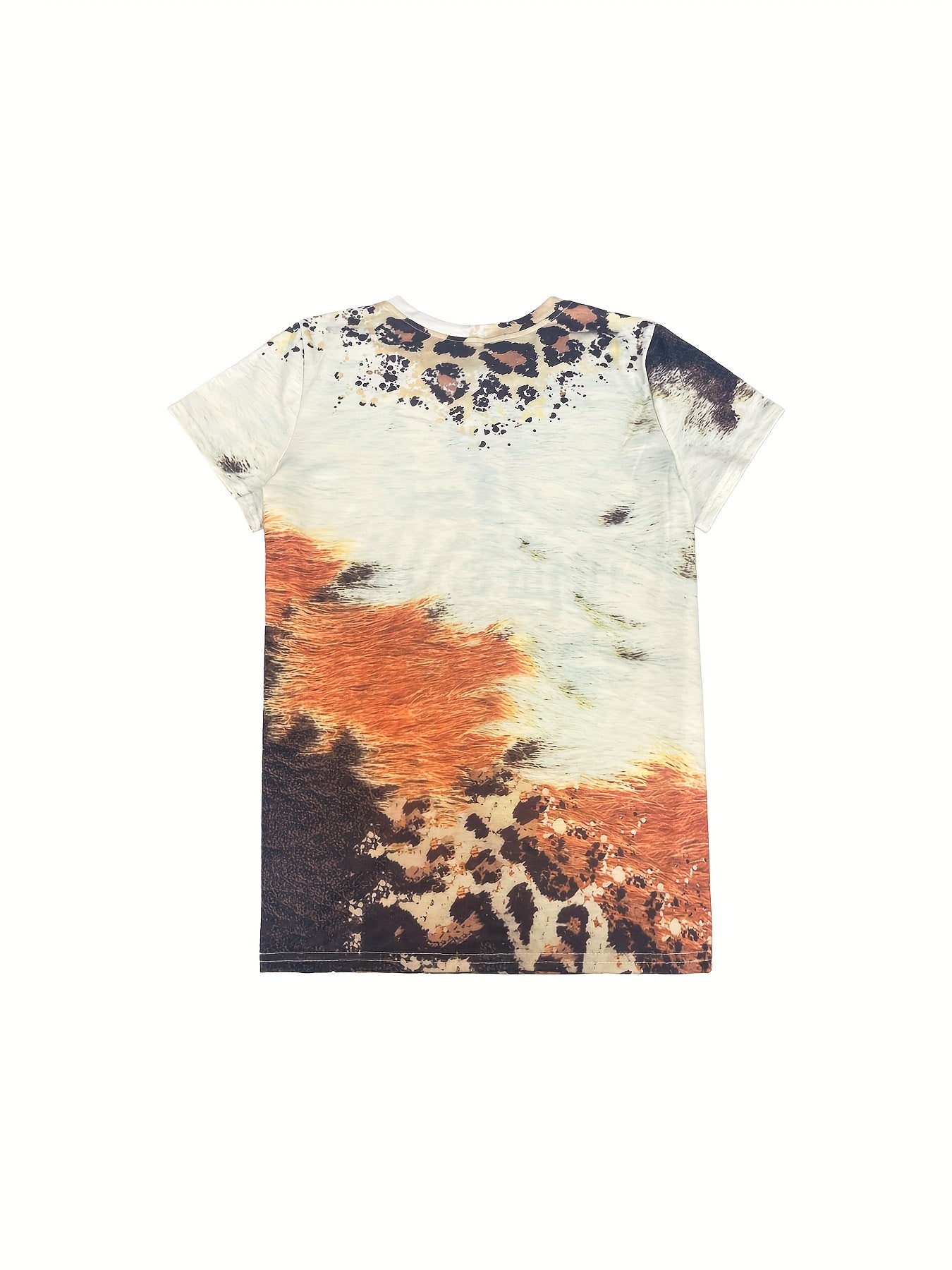 Leopard Print Cow Letter T-shirt - Women's Casual Crew Neck Short Sleeve Tee
