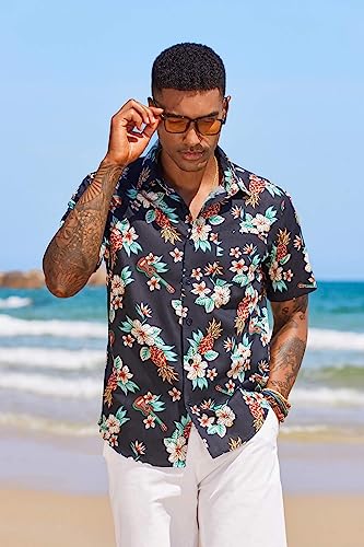 COOFANDY Men's Hawaiian Shirt Short Sleeve Casual Button Down Floral Printed Beach Shirts with Pocket Black