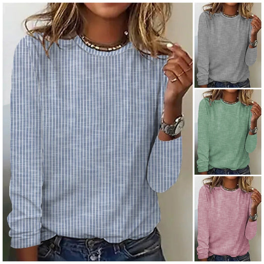 Loose Solid Color Striped Round Neck T-shirt For Women
