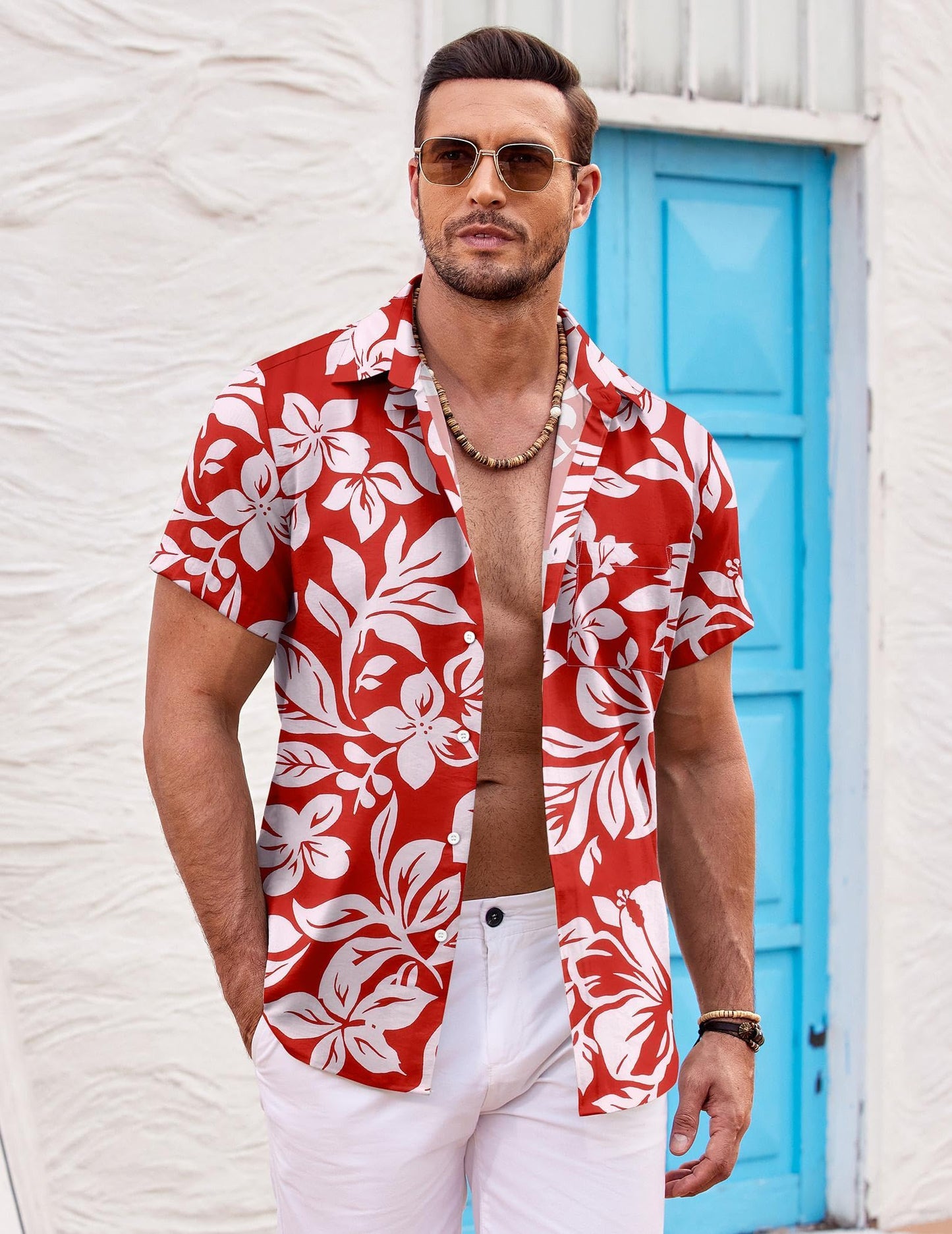 COOFANDY Hawaiian Shirt for Men Button Down Beach Shirts Wrinkle Free Vacation Shirts Bowling Shirts Red-White Floral