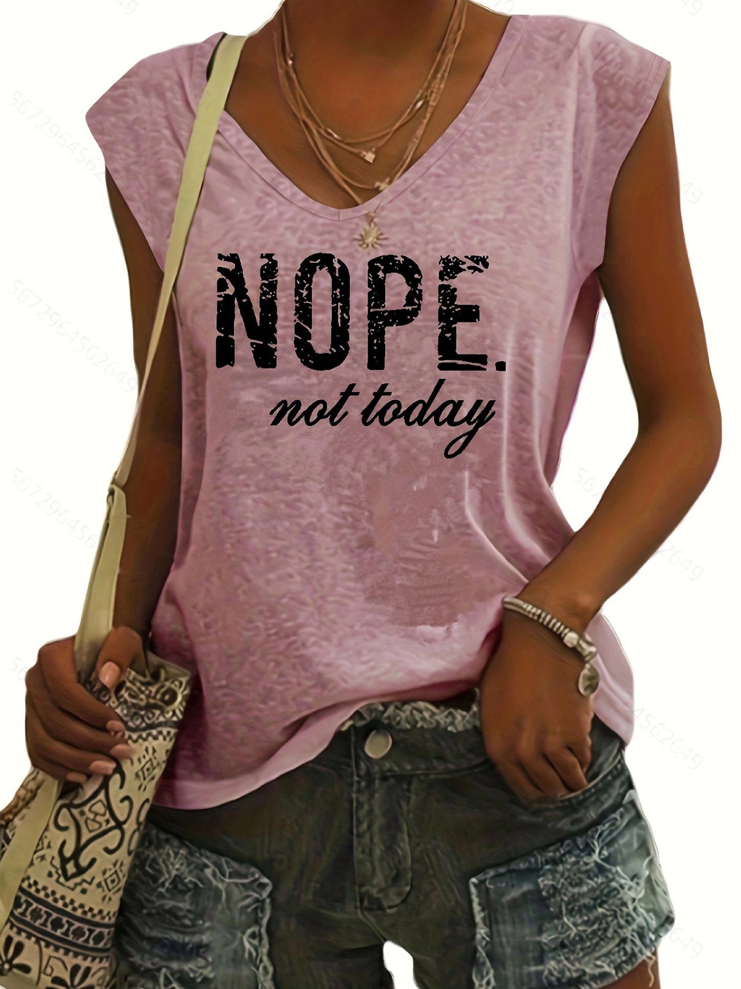 "Nope. Not Today" Letter Print T-shirts, V-neck Cap Sleeve Fashion Top, Women's Clothing