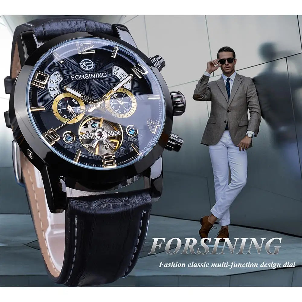 Forsining Tourbillion Fashion Wave Black Golden Clock Multi Function Display Mens Automatic Mechanical Watches Top Brand Luxury