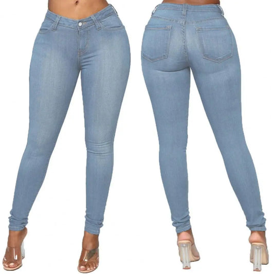 Autumn High Elastic Women Skinny Jeans Button Zipper Mid Waist Bodycon Thin Denim Pencil Pants Slim Stretch Trousers Streetwear