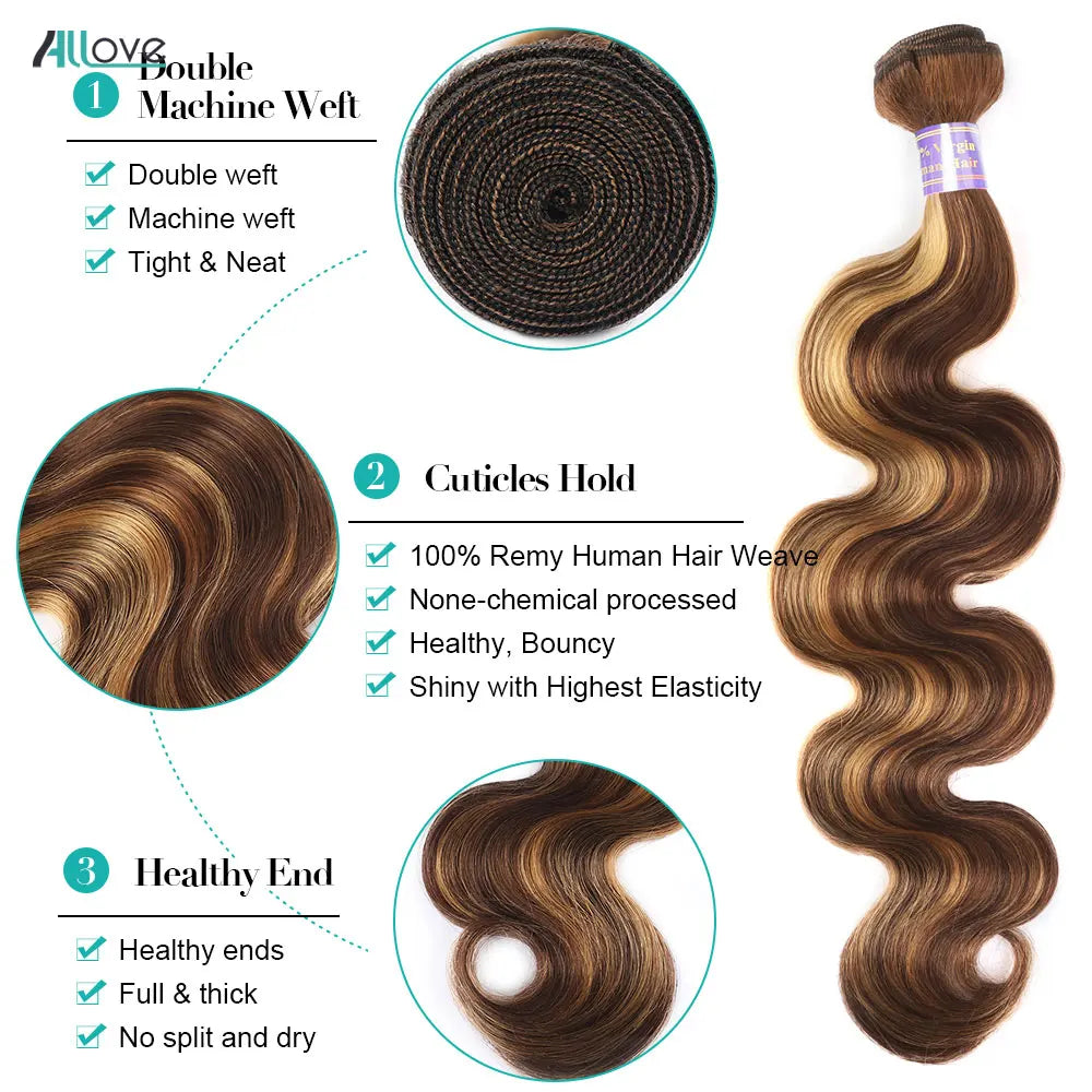 Allove Highlight Bundles Brazilian Body Wave Human Hair Bundles 4/27 Honey Blonde Colored Brazilian Hair Weave Bundles 1/3/4 PCS
