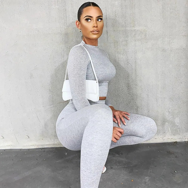 2024 New Spring Women Solid Seamless Suit Sets Long Sleeve Crop Tops High Waist Leggings Gym Workout Clothes 2 Piece Tracksuit