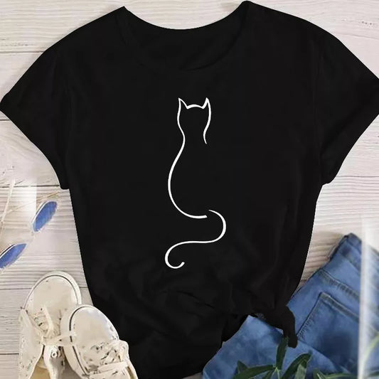 Women Lady Oversized T-shirt Tees Female Korean Fashion Summer Short Sleeve Cartoon Print Graphic Clothes Tops Cute Cat Animal