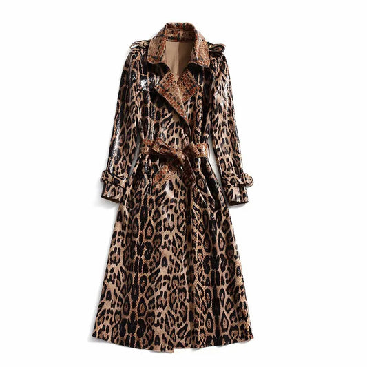 European and American women's 2019 winter clothing new  Long sleeve lapel  Leopard print  lace-up  Trench coat