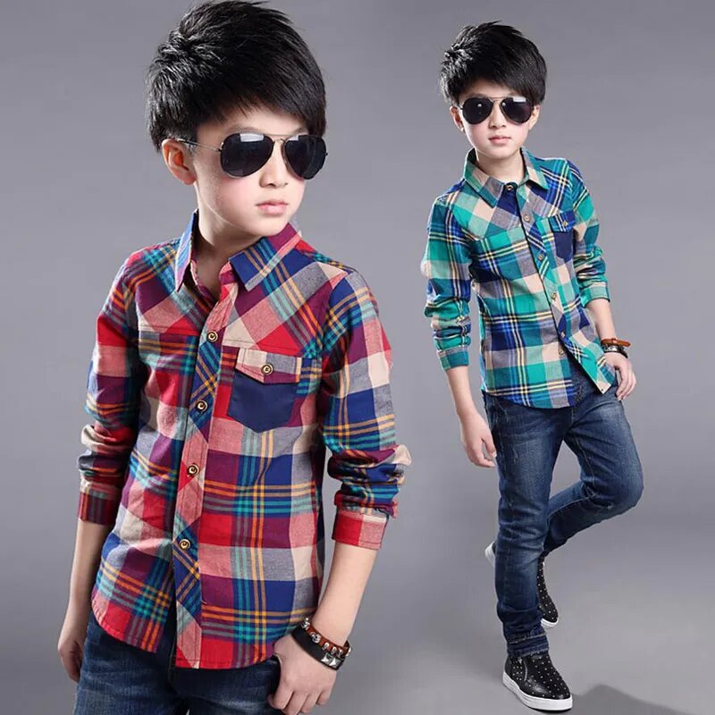 New 2021 Spring Cotton Kids Clothes Fashion Casual Handsome Shirt for Children blouses Boys Plaid Long Sleeve dress Shirts