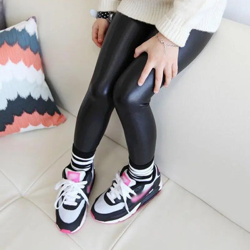 Hot Baby Girls Kids Stretchy Faux Leather Skinny Black Pants Leggings Trousers