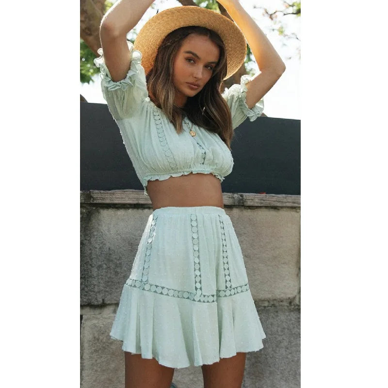 Summer Two Piece Sets Women Bohemian Casual Beach Skirts 2Pcs Sets Lace Off Shoulder Crop Tops and Short Pleated Skirt