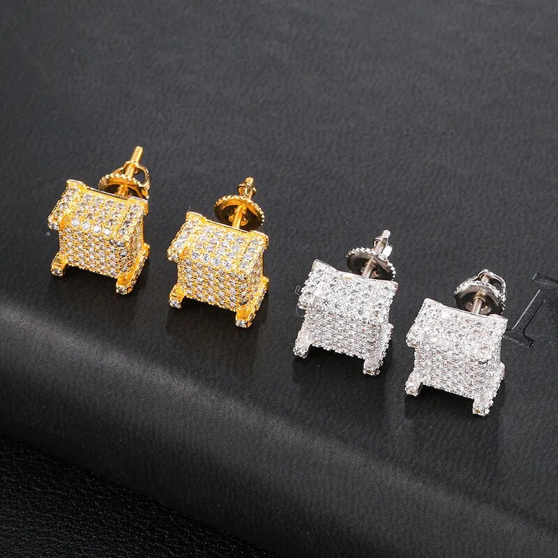 Hip HOP Micro Full Pave Rhinestone CZ Stone Bling Ice Out Stud Earring Gold Color Copper Earrings For Women Men Jewelry