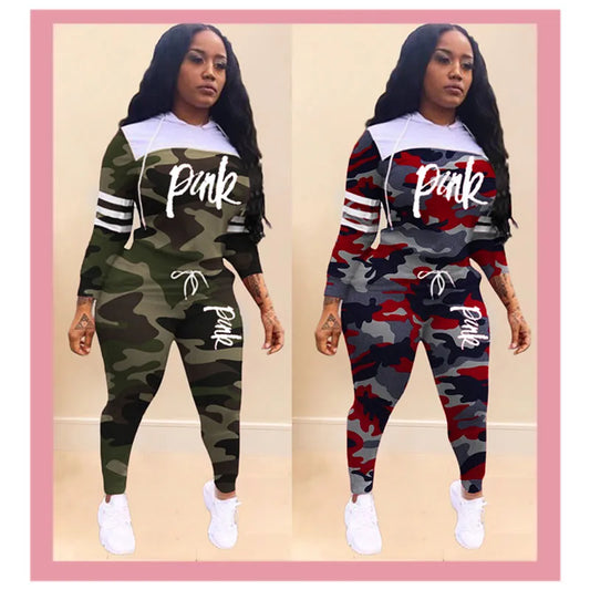 Tracksuit Camouflage Print PINK Letter sports Two Piece Sets Hooded Sweatshirt And Pants Jogger Autumn Winter Women's Clothes