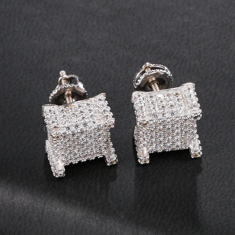 Hip HOP Micro Full Pave Rhinestone CZ Stone Bling Ice Out Stud Earring Gold Color Copper Earrings For Women Men Jewelry