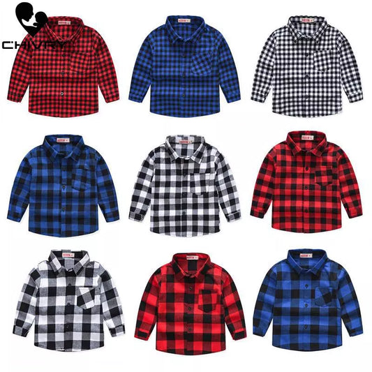Spring Autumn 2024 New Boys Long Sleeve Classic Plaid Lapel Shirts Tops with Pocket Baby Boys Casual Shirt Kids Clothing