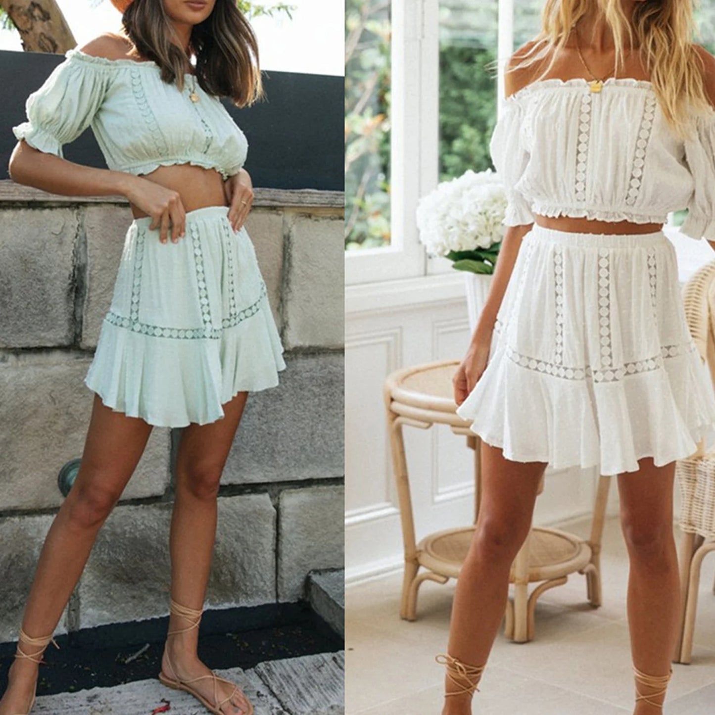 Summer Two Piece Sets Women Bohemian Casual Beach Skirts 2Pcs Sets Lace Off Shoulder Crop Tops and Short Pleated Skirt