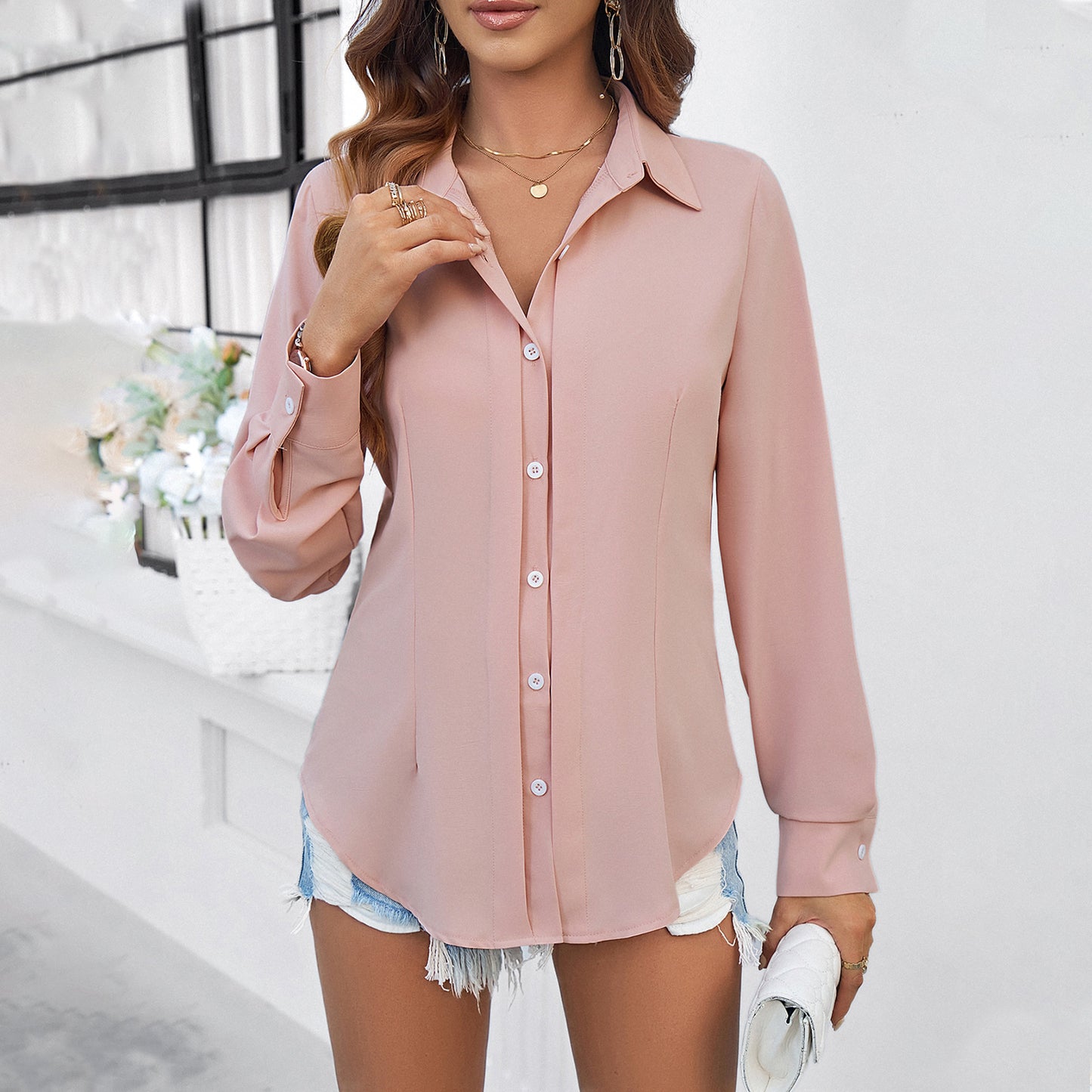 Spring And Summer Temperament Commute Solid Color Long-sleeved Shirt