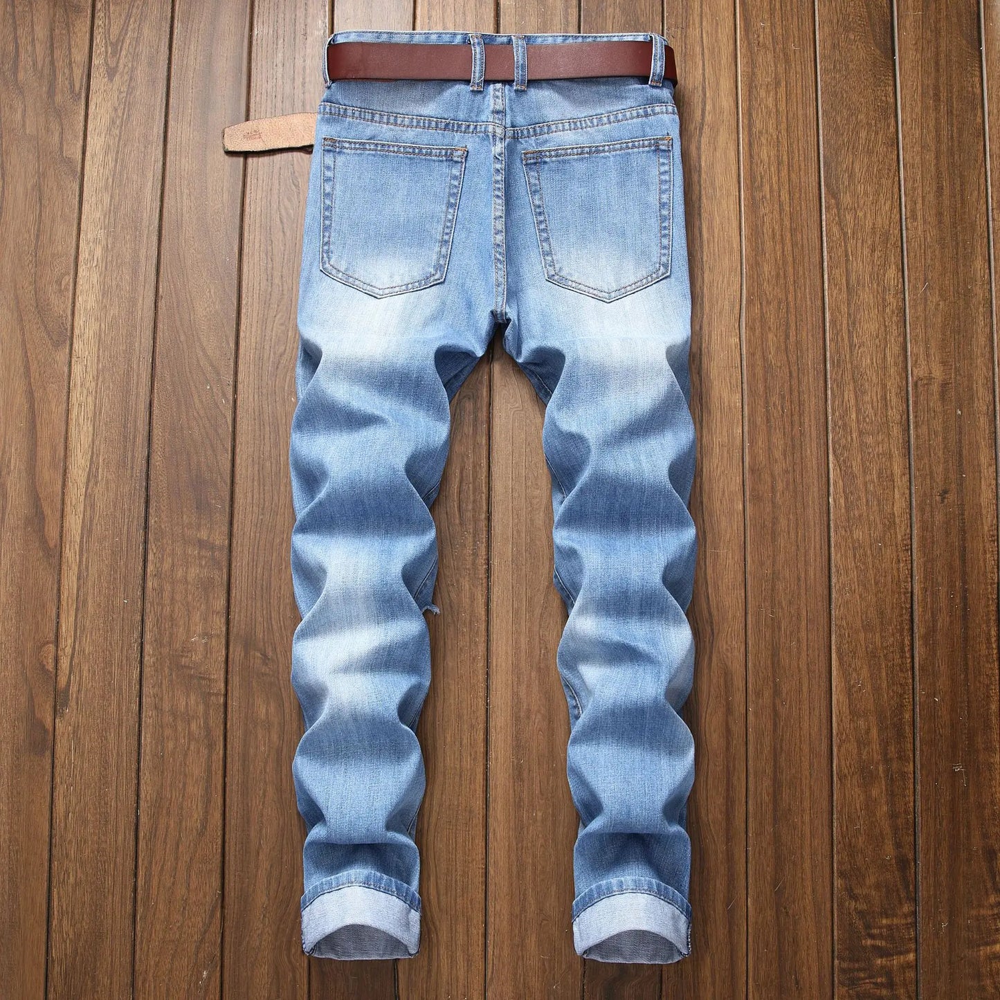 Fall New Men's Wear Ripped Straight Fit Stretchless Jeans Fashionable Blue Casual Social Hip Hop Party High Quality Denim Pants