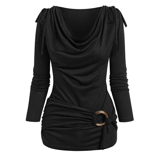 Cowl Neck Cinched O Ring Tee Long Sleeve Loose Tops Women's Spring Autumn Style Blouses Shirt