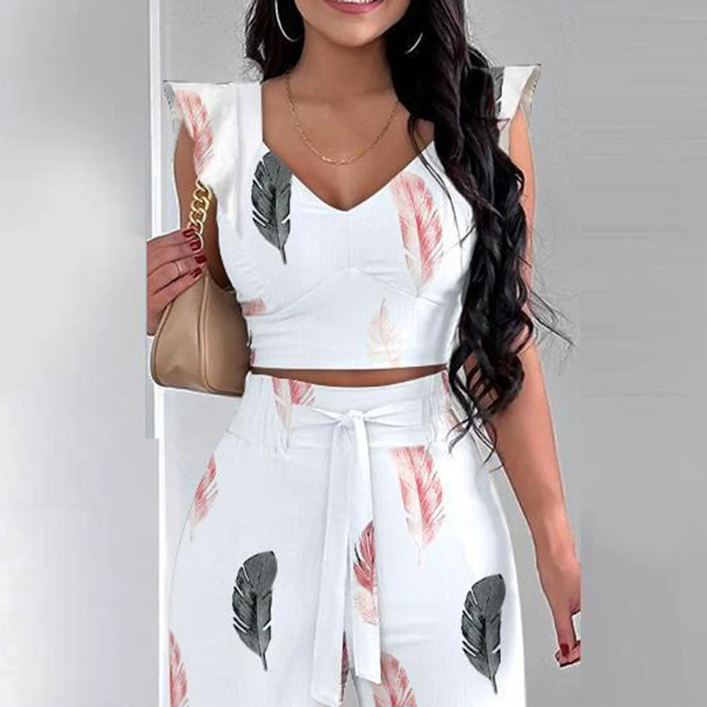 Women Casual Sleeveless Top Long Pants Two Pieces Print Ruffles Lace-Up Loose Wide Leg Pants Suit Set Summer