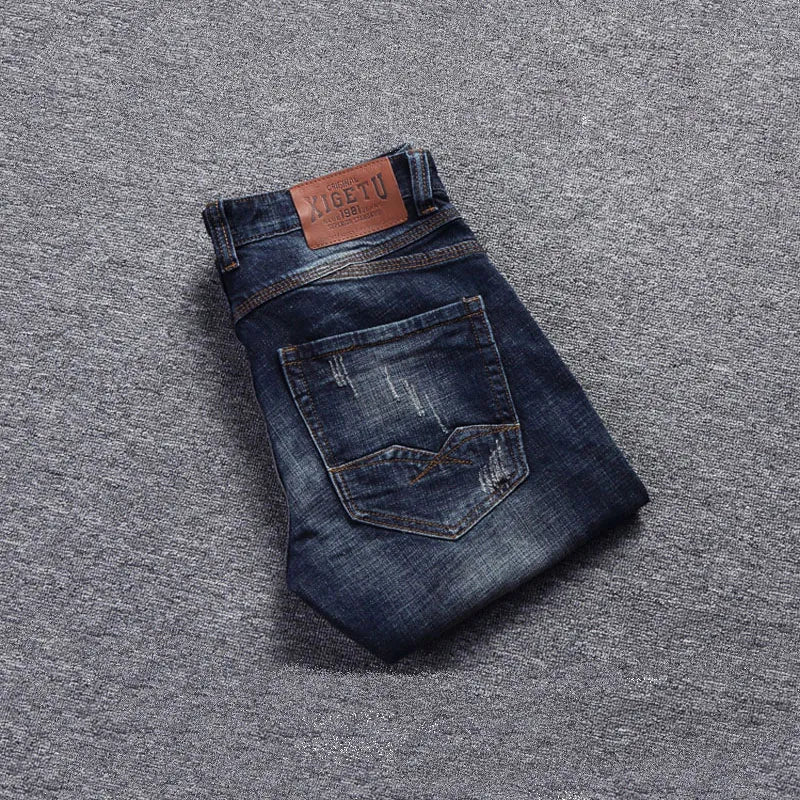 Italian Style Fashion Men Jeans Retro Dark Blue Elastic Slim Fit Ripped Jeans Men Streetwear Vintage Designer Denim Pants Hombre