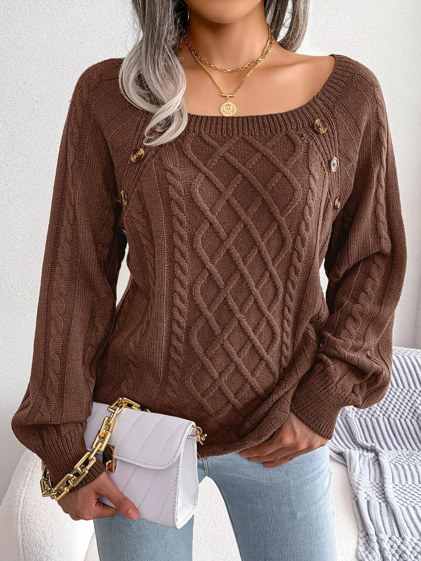 Women Casual Square Collar Buttons Long Sleeve Knitted Pullovers And Sweaters For Autumn Winter 2023
