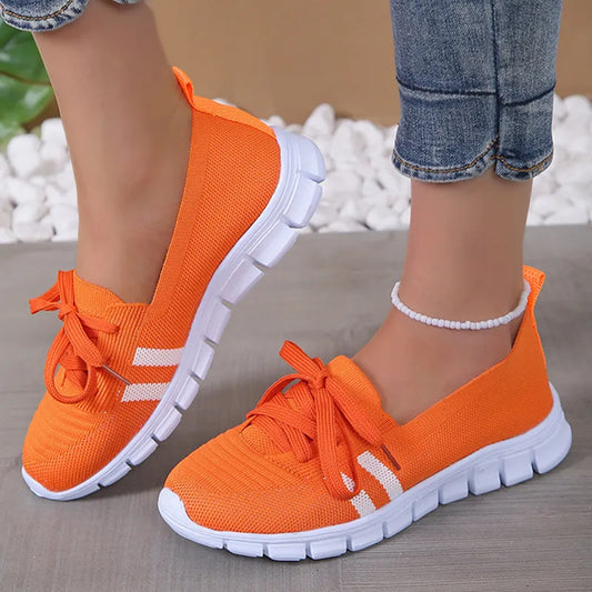 Mesh Knitted Striped Flats Shoes for Women 2023 Summer Lace Up Casual Sneakers Woman Breathable Soft Sole Loafers Plus Size 43