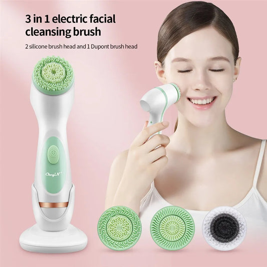 CkeyiN Silicone 3 in 1 Electric Ultrasonic Facial Cleaner Acne Pore Blackhead Deep Cleansing Brush Beauty Skin Care Tools