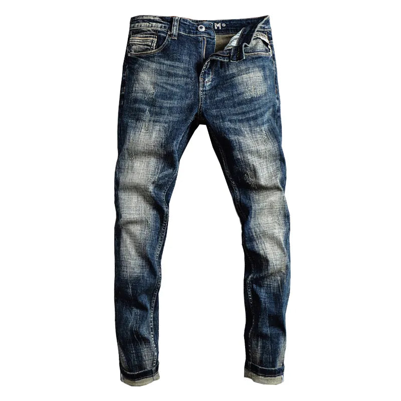 Italian Style Fashion Men Jeans Retro Black Blue Elastic Slim Fit Ripped Jeans Men Trousers Vintage Designer Casual Denim Pants