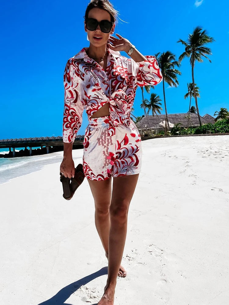 Women's Shirt Sets Fashion Printed Summer Long Sleeve Shirt + Shorts 2 Pieces Set 2023 Lady Vintage Holiday Beach Casual Outfits