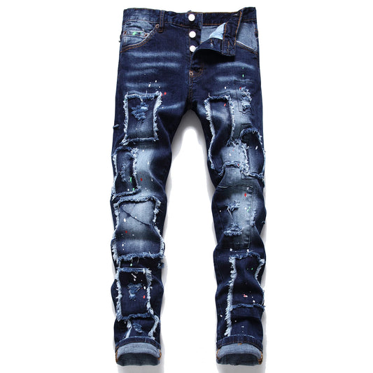 Light Luxury Men’s Slim-fit Patches Blue Jeans,High Quality Dot Paint Print Beggar Jeans,  Stylish Sexy Street Jeans;