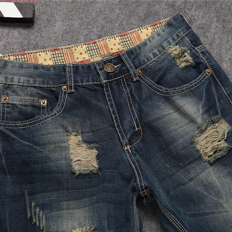 New Men Ripped Denim Trousers Fashion Casual Jeans Regular Fit Straight Pants Vintage Dark Blue Color Male Plus Size