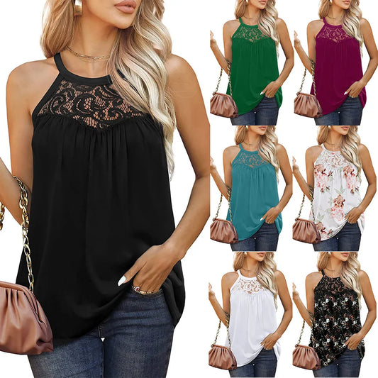Womens Tank Tops Loose Fit Summer Lace Halter Tops Sleeveless Shirts Pleated