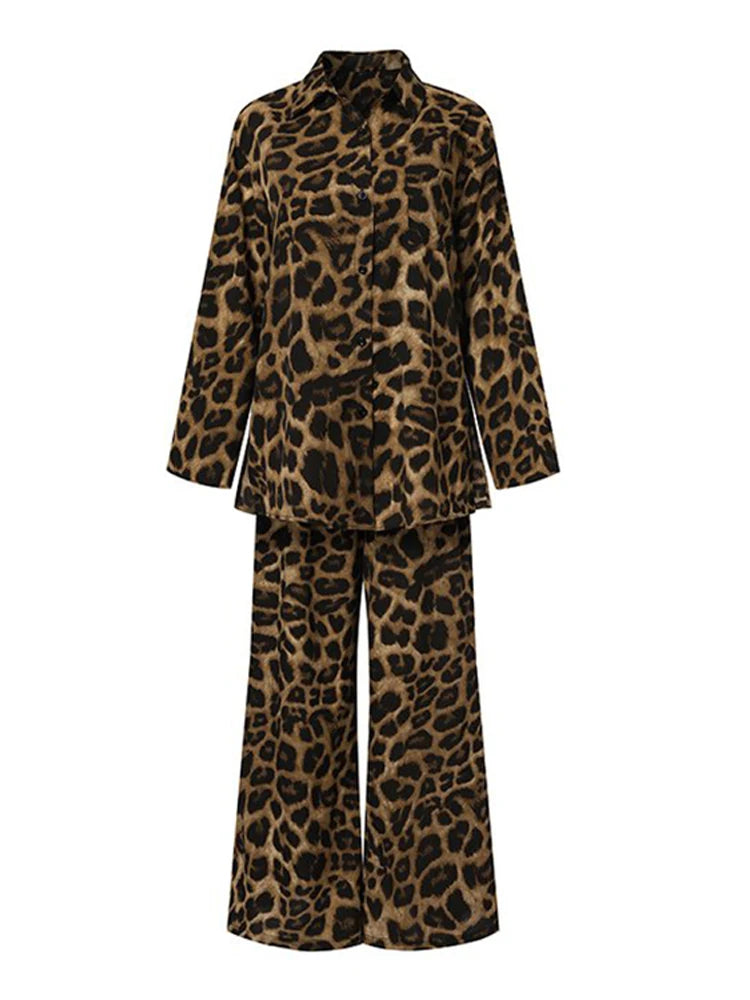 Leopard Women's Suit V-Neck Long Sleeve Button Shirt High Waist Wide Leg Straight Pants Set 2024 Spring Street Lady 2 Piece Set