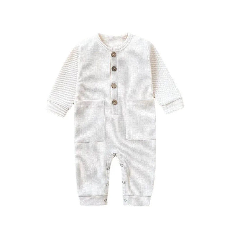 Spring Autumn Newborn Baby Romper Cotton Solid Soft Infant Jumpsuit With Pocket Girl Boy Long Sleeve Bebe Pajamas Wodden Buttons