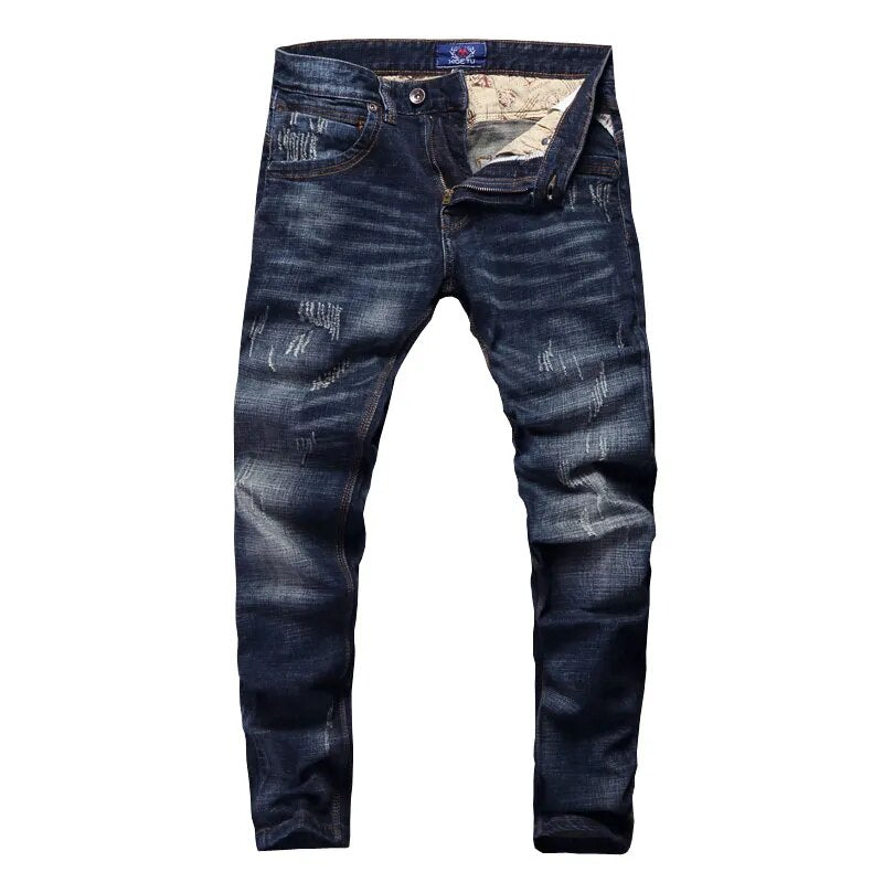 Italian Style Fashion Men Jeans Retro Dark Blue Elastic Slim Fit Ripped Jeans Men Streetwear Vintage Designer Denim Pants Hombre