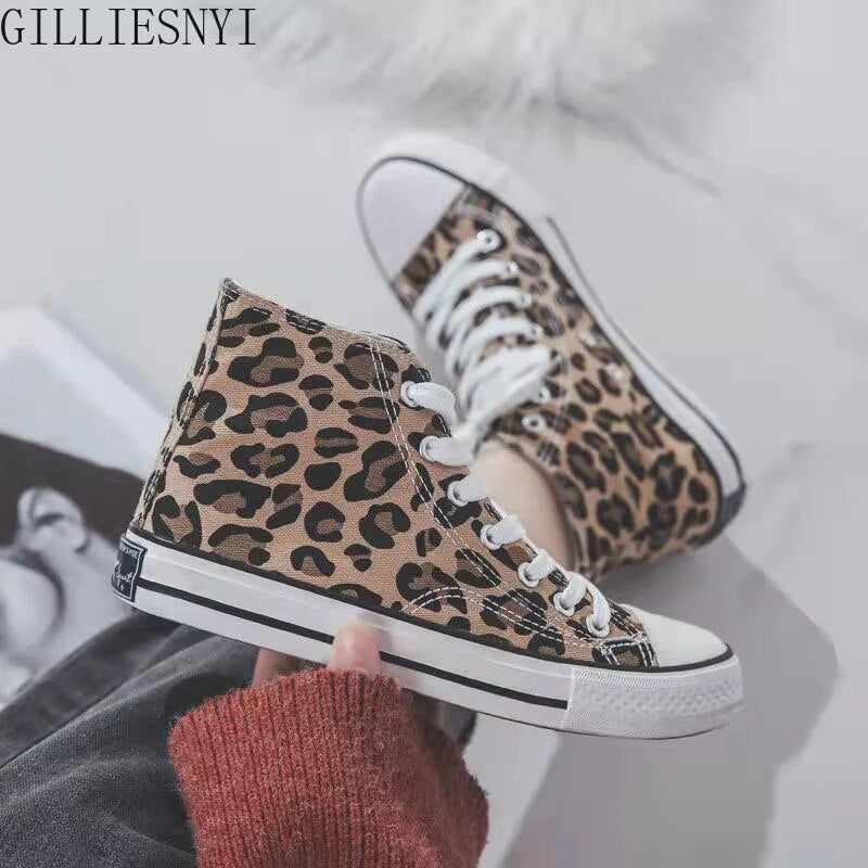 Women's Canvas Shoes Summer Leopard Print Lace-up Flats Casual Shoes Lady Autumn High-Top Vulcanized Shoe Non-Slip Sneakers