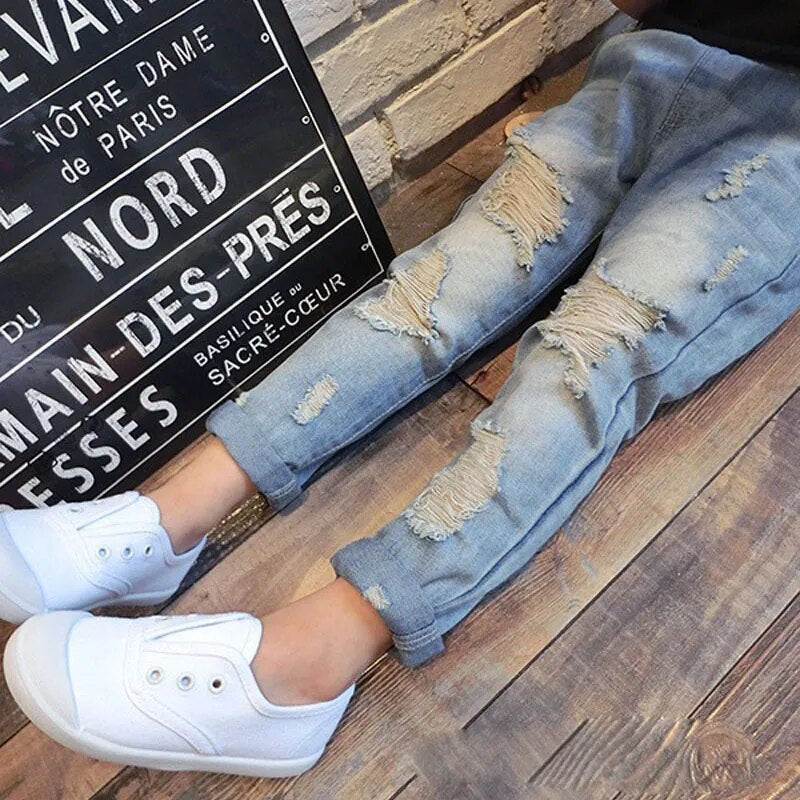 New Spring Autumn Boys and Girls Ripped Hole Jeans Fashion Fall Broken Denim Trousers Kids Jeans