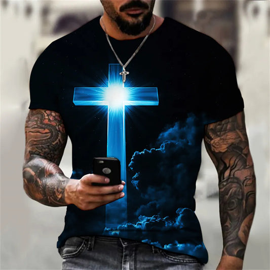 Christian Mens Clothing T Shirts Oversized T Shirt Gothic  Jesus Christ Cross 3D Print O-neck Tops Vintage Hip Hop Short Sleeve