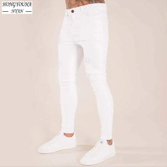 Fashion White Skinny Ripped Jeans Men Elastic Stretch Slim Denim Pants Streetwear motorcycle Hip Hop Jean Jogging Denim Trousers