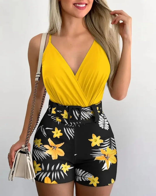 Fashion Summer Women's Two-piece Beach Suit 2024Sexy Slim Short Top Shorts Printing Casual Suspenders Package Hips 2 Piece Set 2