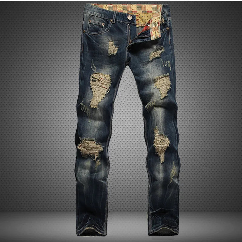 New Men Ripped Denim Trousers Fashion Casual Jeans Regular Fit Straight Pants Vintage Dark Blue Color Male Plus Size