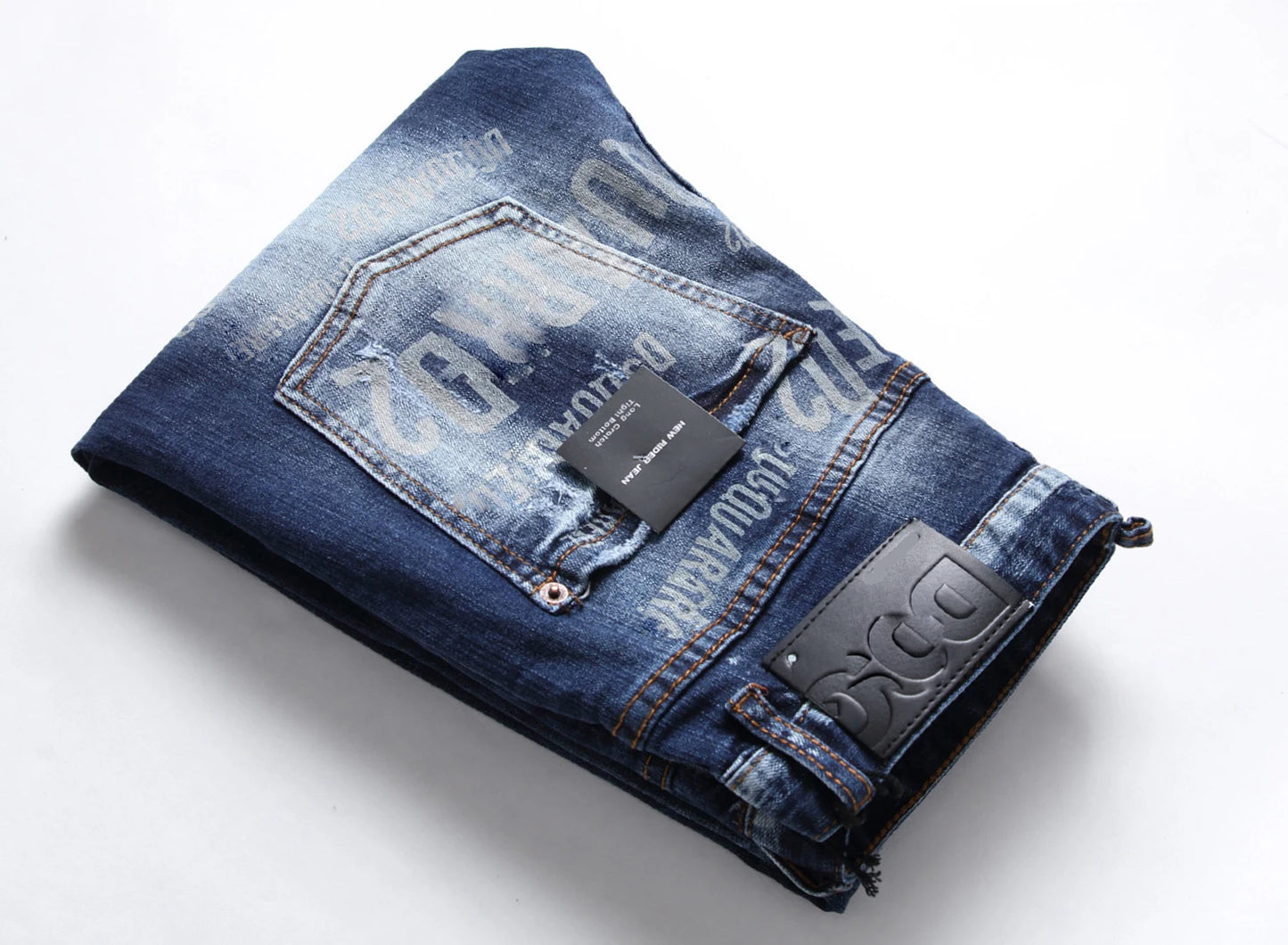 Light Luxury Men’s Slim-fit Stretch Blue Denim Pants,Printing Decors Scratches Ripped Casual Jeans,Stylish Sexy Street Jeans;