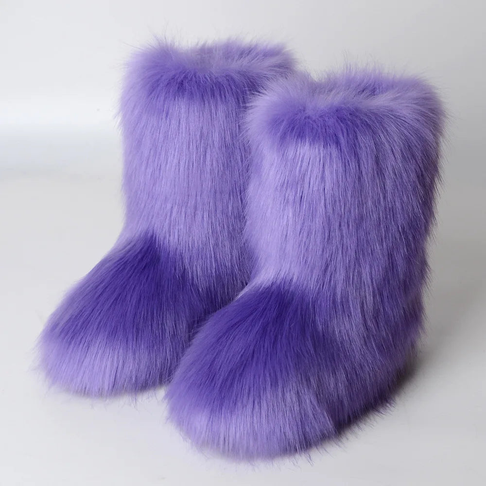 Winter Fuzzy Boots Women Furry Shoes Fluffy Fur Snow Boots Plush lining Slip-on Rubber Flat Outdoor Bowtie Warm Ladies Footwear