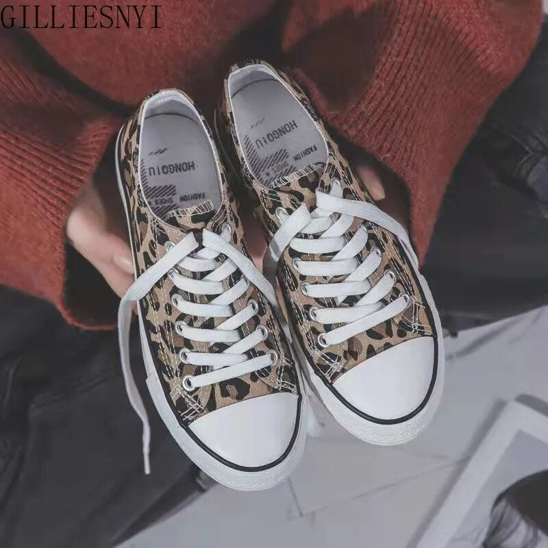 Women's Canvas Shoes Summer Leopard Print Lace-up Flats Casual Shoes Lady Autumn High-Top Vulcanized Shoe Non-Slip Sneakers
