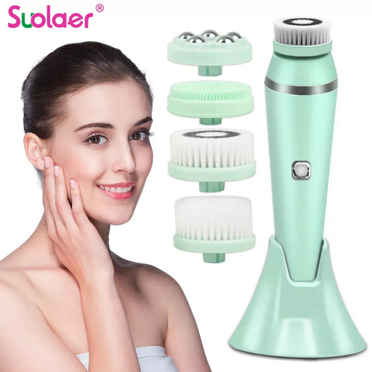 Electric 4in1 Face Cleansing Brush Sonic Blackhead Exfoliating Silicone Face Cleaner Skin Tightening Massage Home Spa Skin Care