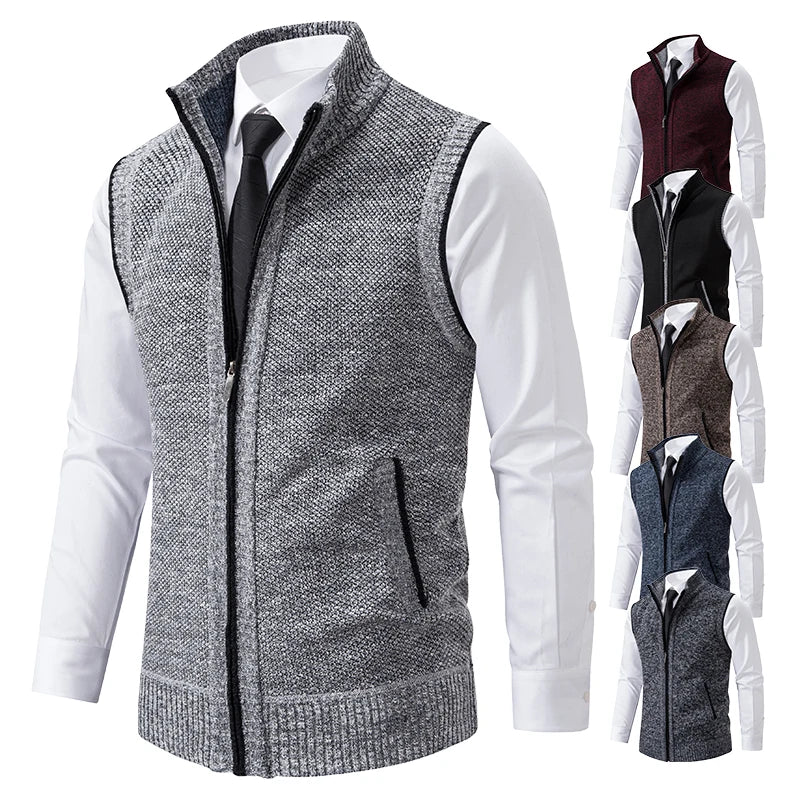 Vest Men's Knitted Sleeveless Sweater Wool Velvet Zipper Cardigan Turn-down Pullovers Turtleneck Sweatercoat Knit Waistcoat